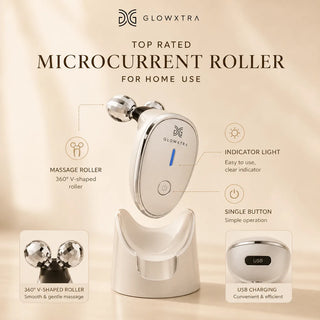 Glowxtra microcurrent roller with features highlighted on a beige background