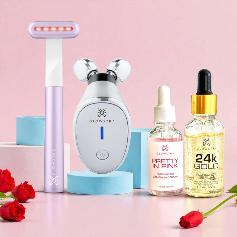 Glowxtra skincare products including a device, serum, and oil on a pink background with red roses.
