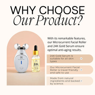 24k gold serum and microcurrent faacial roller are suitable for all skin types.
