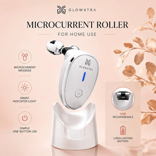 Glowxtra microcurrent roller for home use with features highlighted on a pink background.