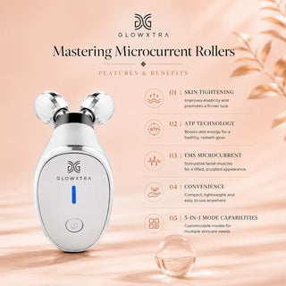 GLOWXTRA microcurrent roller with features and benefits on a soft pink background