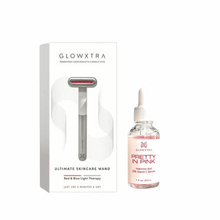 GLOWXTRA skincare product set with Dual Light Skincare Wand and Pretty In Pink serum on a white background