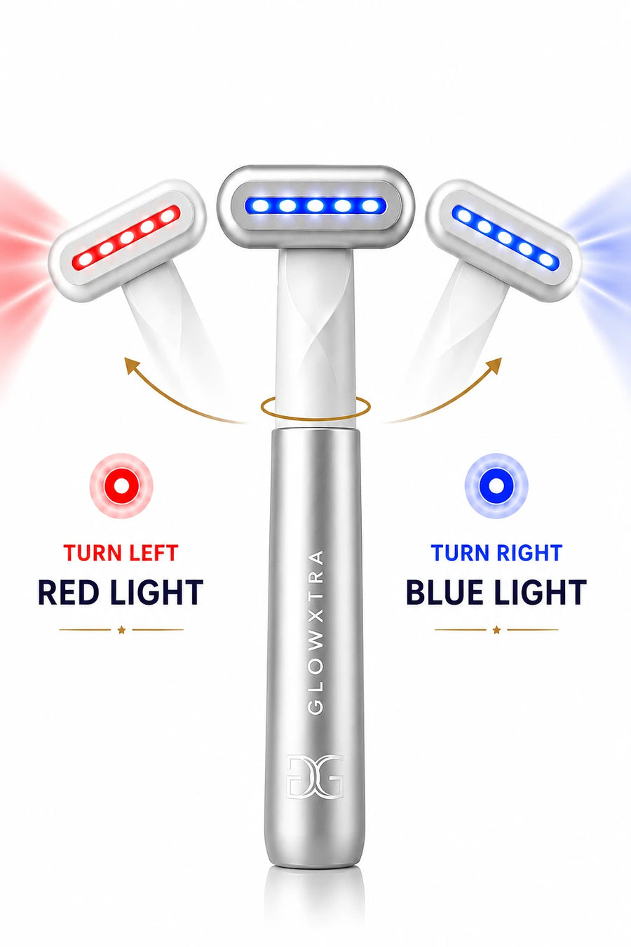 A silver LED facial cleansing device shown on a white background with three angled heads demonstrating red and blue light modes, plus text labels indicating left/right orientation and light colors.