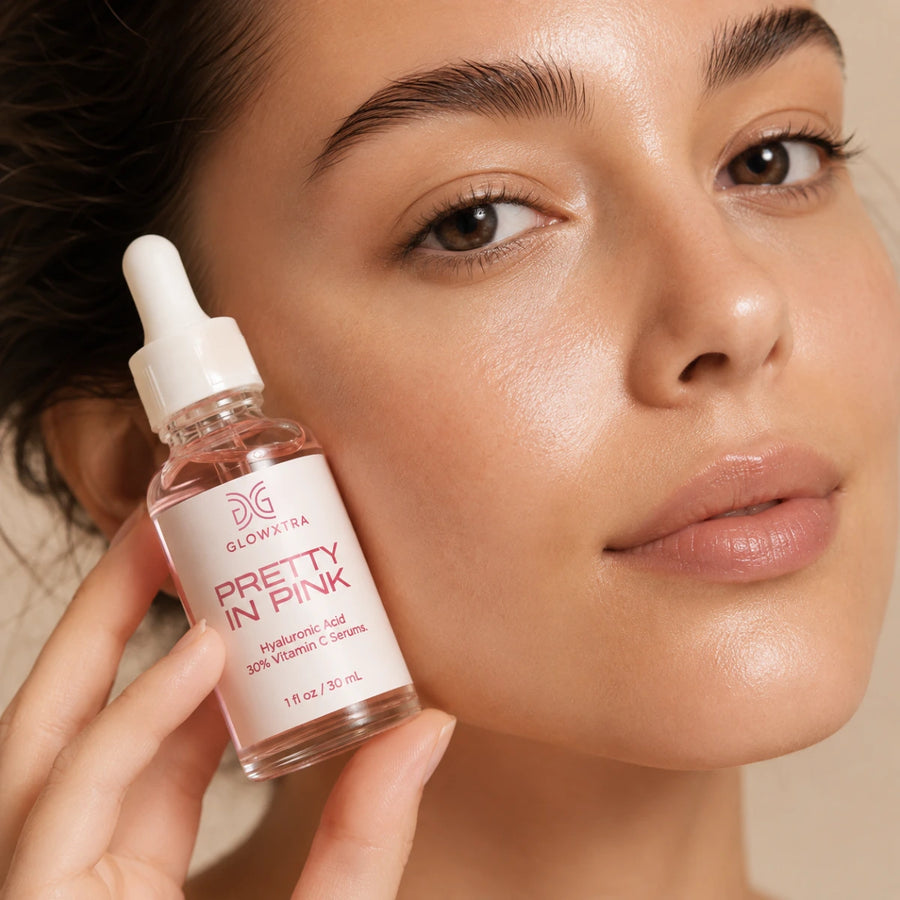 A close-up of a woman holding a small glass dropper bottle labeled GLOWWATER Pretty In Pink, with her face partially visible against a soft beige background.