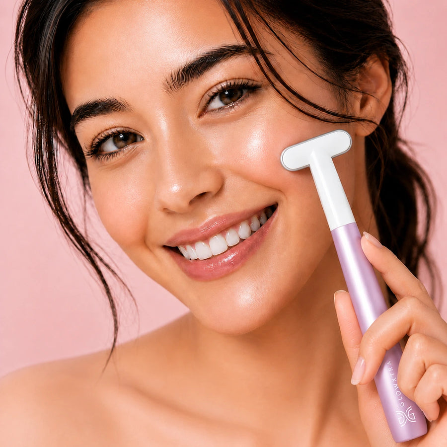 A close-up of a woman with a radiant complexion holding a lavender and white facial skin care tool against a soft pink background.