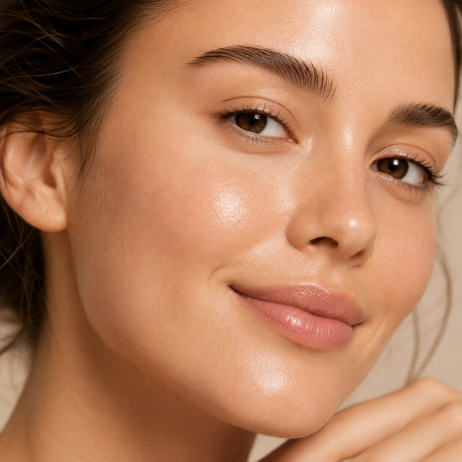 Close-up of a woman's face with smooth, radiant skin, showcasing a natural, healthy complexion against a soft beige background.