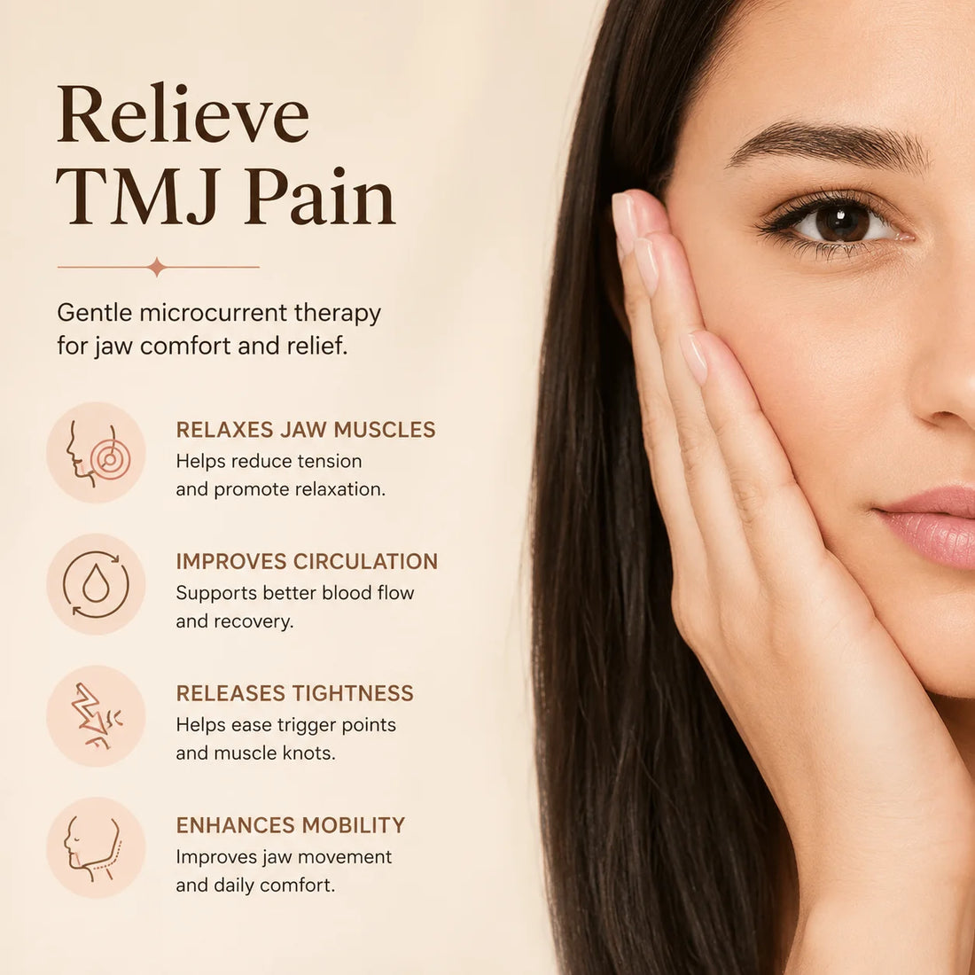 Advertisement for TMJ pain relief with a woman holding her jaw and text about gentle microcurrent therapy.