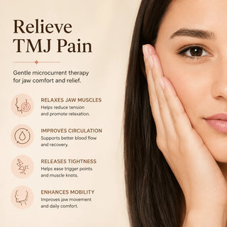 Advertisement for TMJ pain relief with a woman holding her jaw and text about gentle microcurrent therapy.