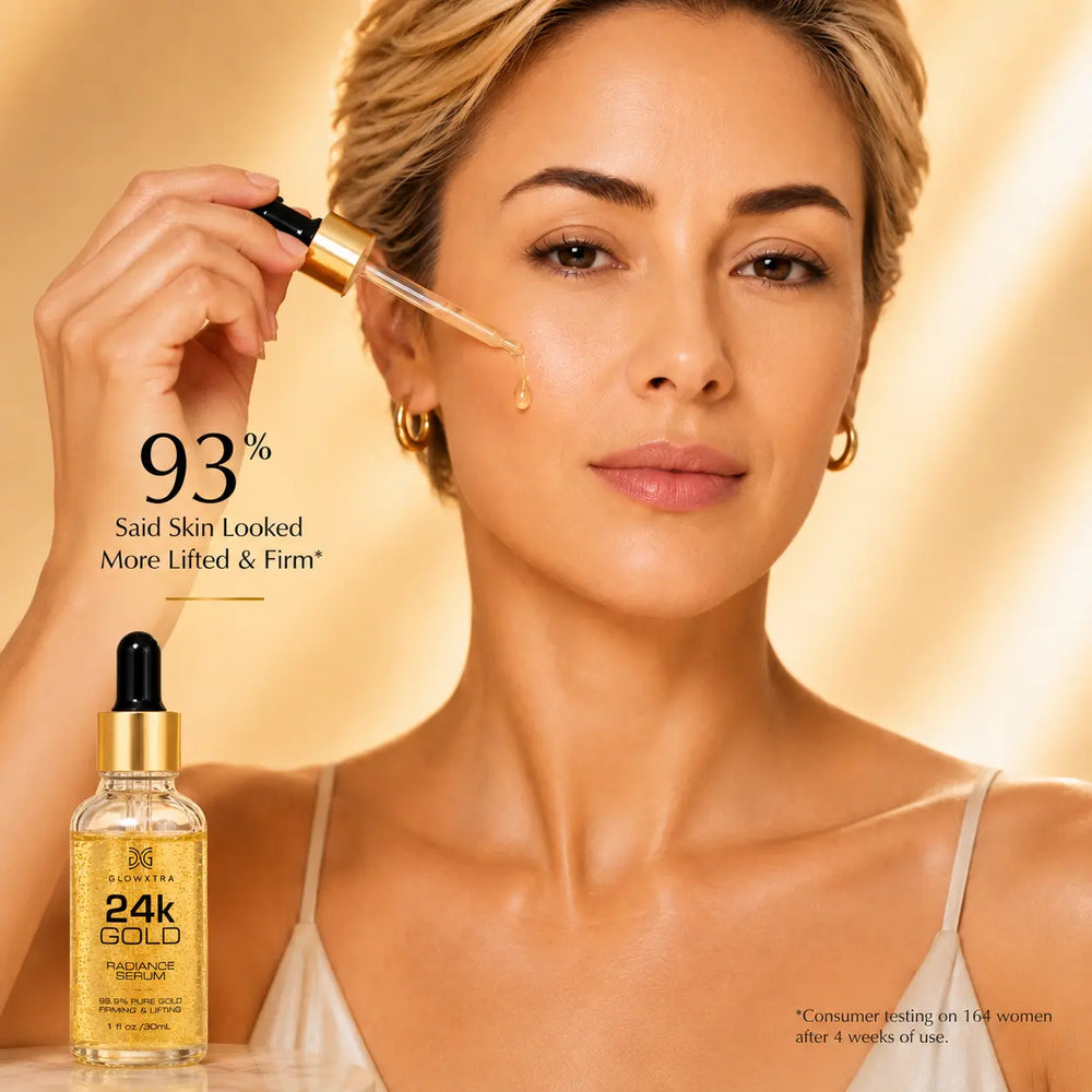 A woman applies a gold serum dropper to her cheek against a warm beige background, with a bottle of gold serum labeled '24k GOLD' at the bottom left and marketing text about skin lifting.