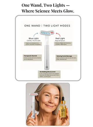 Dual Light skincare wand with blue and red light modes, showing a woman holding the device and 24k gold serum.