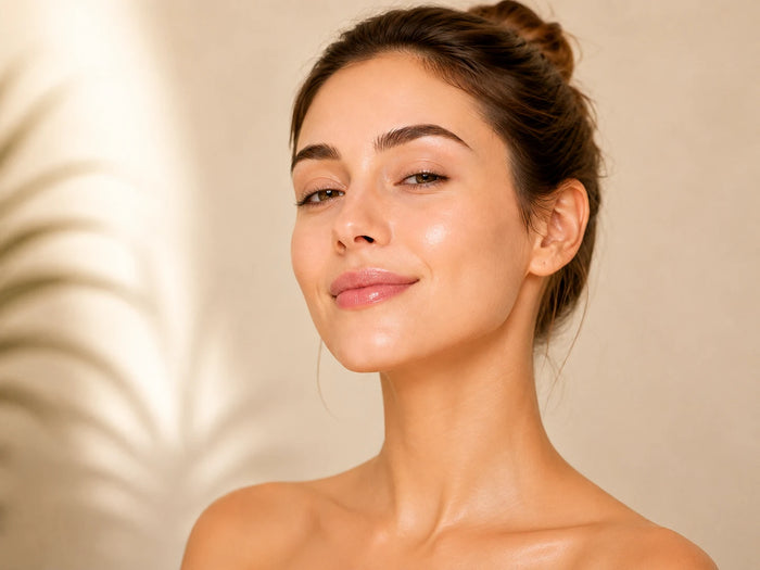 A close-up portrait of a woman with smooth, radiant skin, wearing a simple bun hairstyle, set against a warm beige background with soft leaf shadows.
