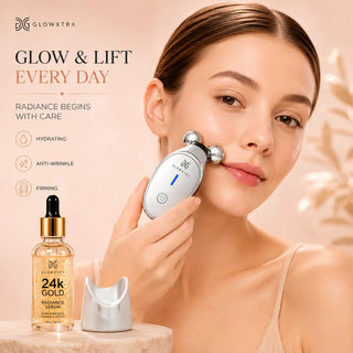 Woman using a skincare device with 'GlowXtra' products on a beige background