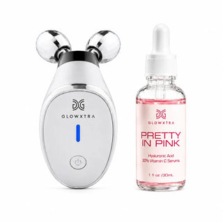 GlowXtra Silver Microcurrent Facial Roller and Pretty In Pink Vitamin C Serum Bundle