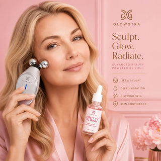 Woman holding skincare device and bottle with 'Glowxtra' branding on a pink background