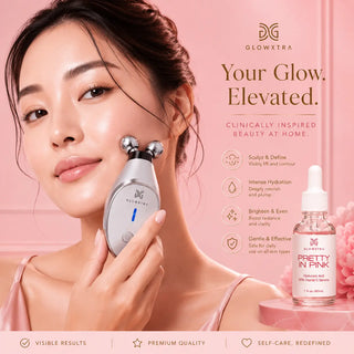 Woman using a skincare device with GLOWXTRA branding on a pink background
