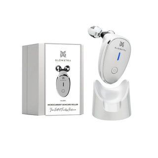 GlowXtra silver microcurrent skincare roller with charging stand and retail box