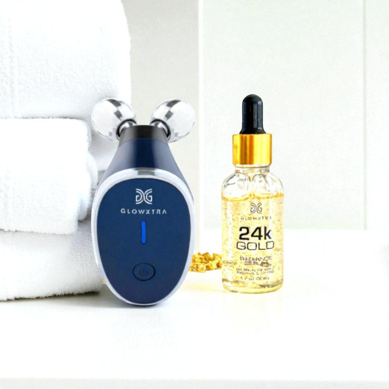 Blue electronic device and bottle of 24K gold serum on a white background